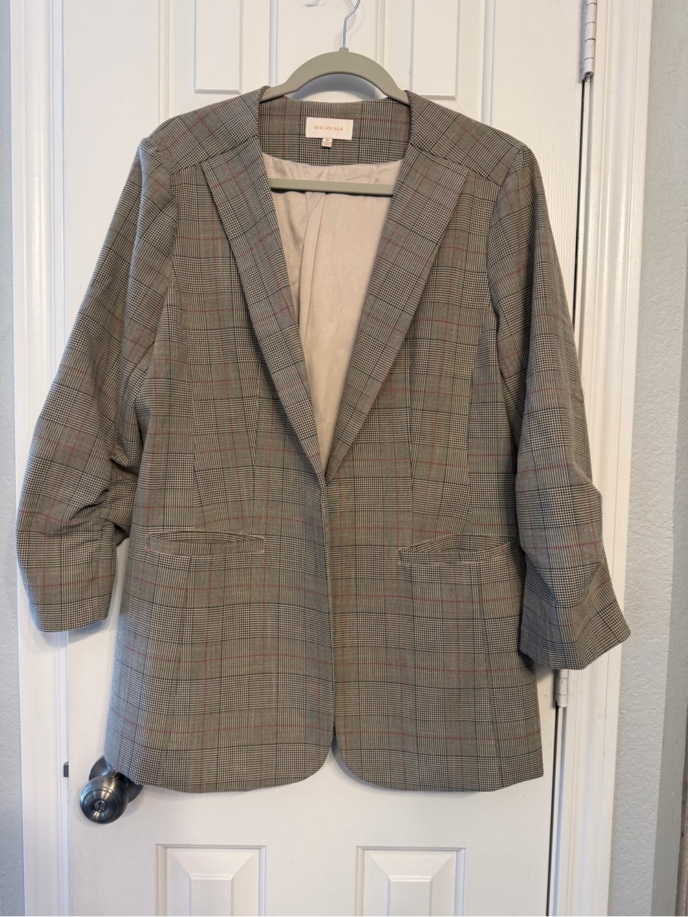 Skies Are Blue Taupe Plaid Blazer with Red Windowpane